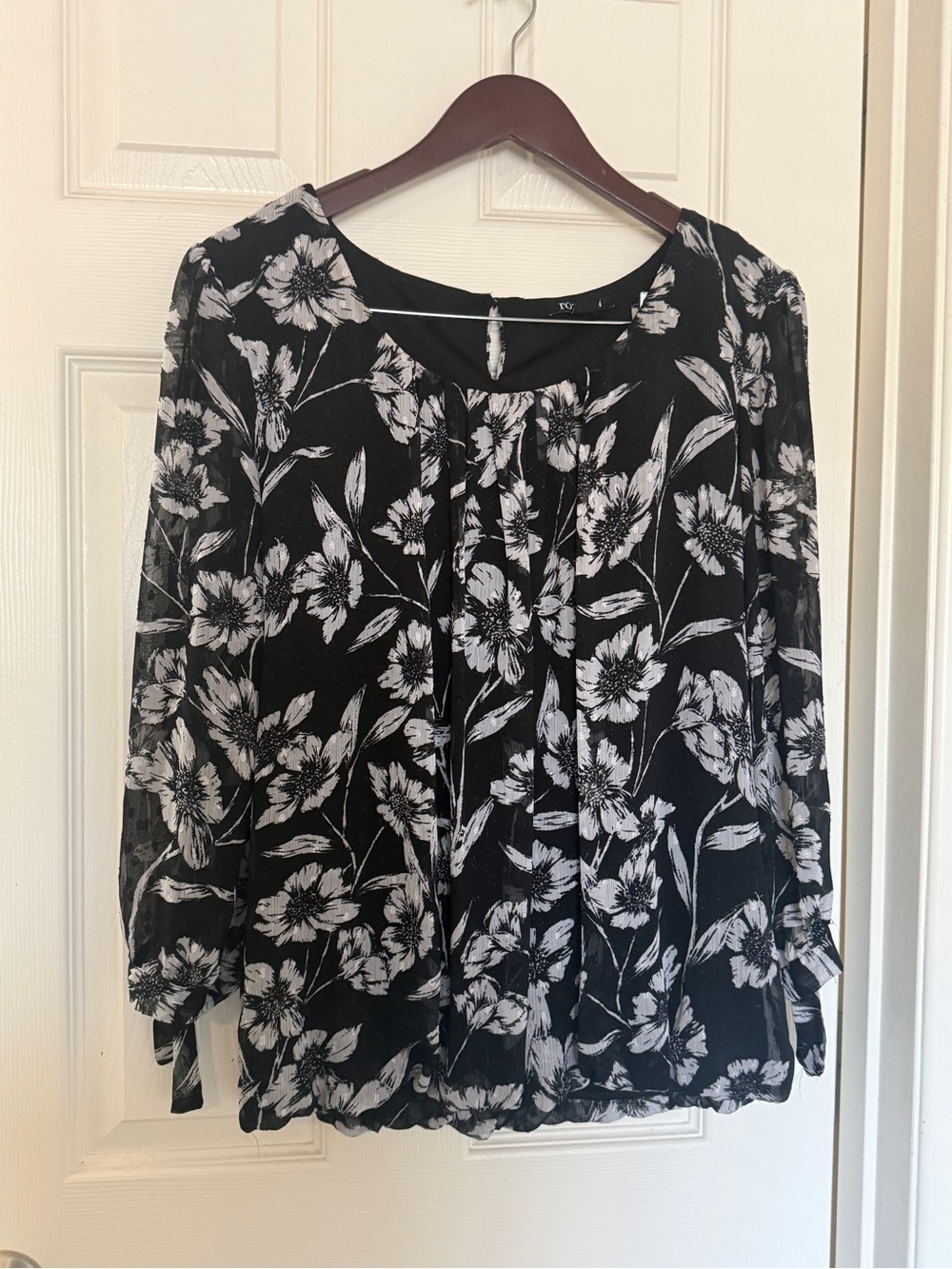 Black Floral Long-Sleeve Peasant Blouse -XL - Picture 6 of 8